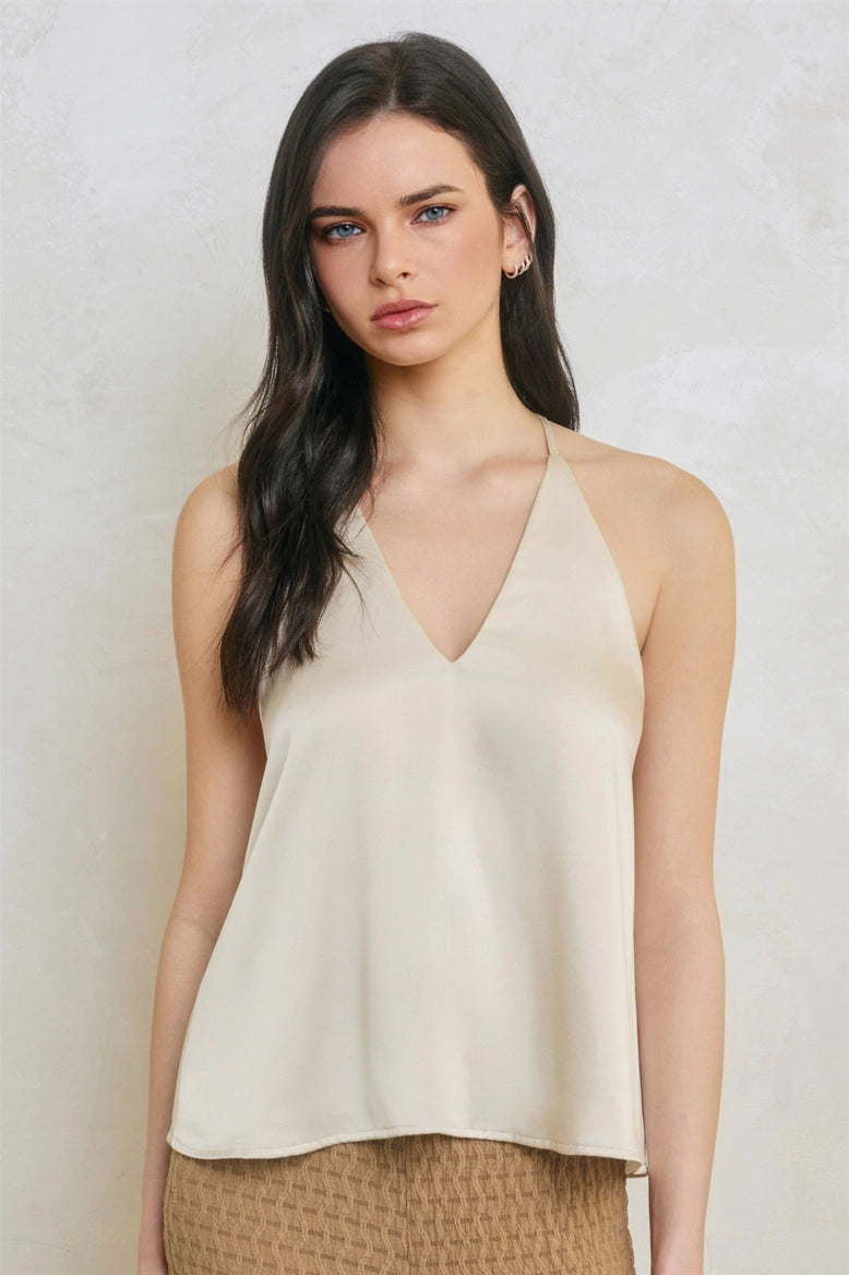 Satin Deep V Tank  - Cream