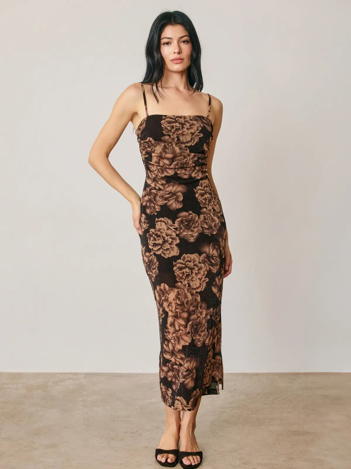 Metallic Floral Rouched Midi Dress