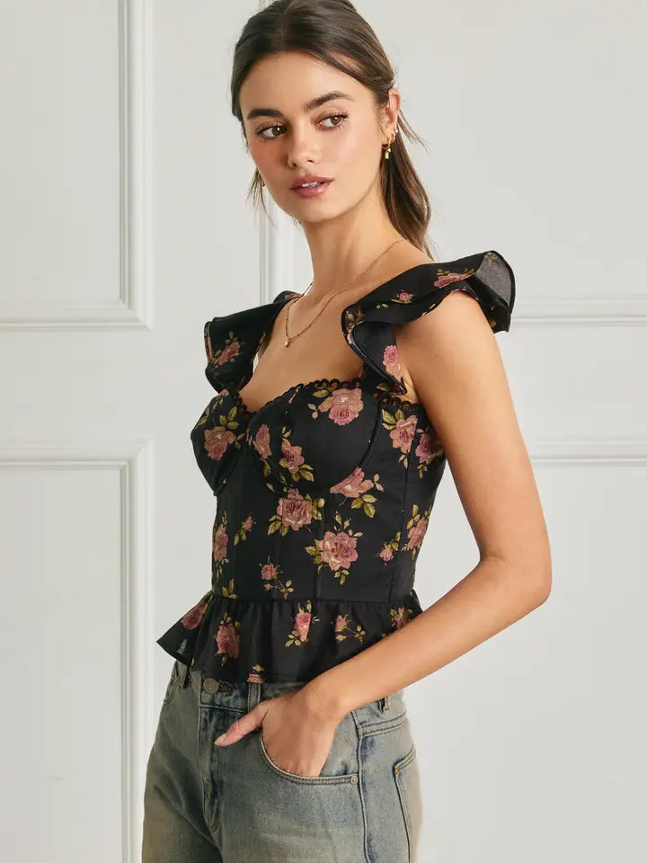 Night Rosette Flutter Top