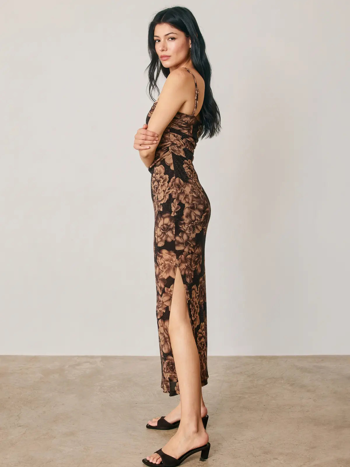 Metallic Floral Rouched Midi Dress