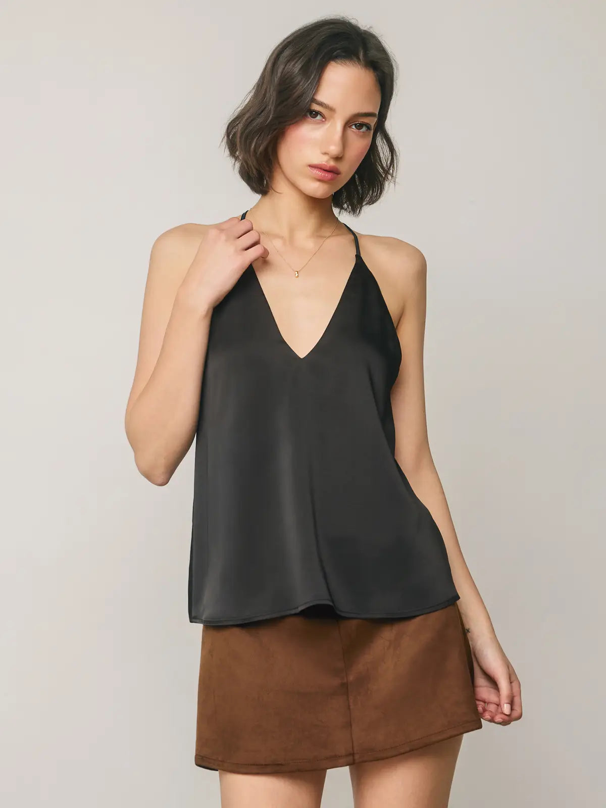 Satin Deep V Tank  - Black