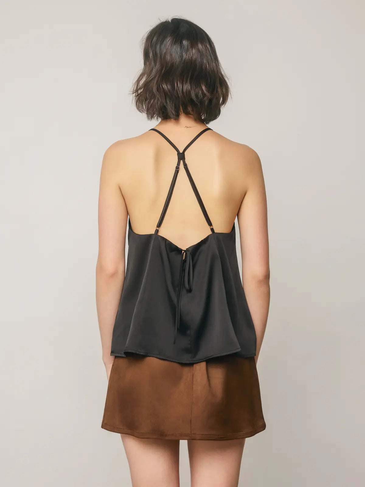 Satin Deep V Tank  - Black