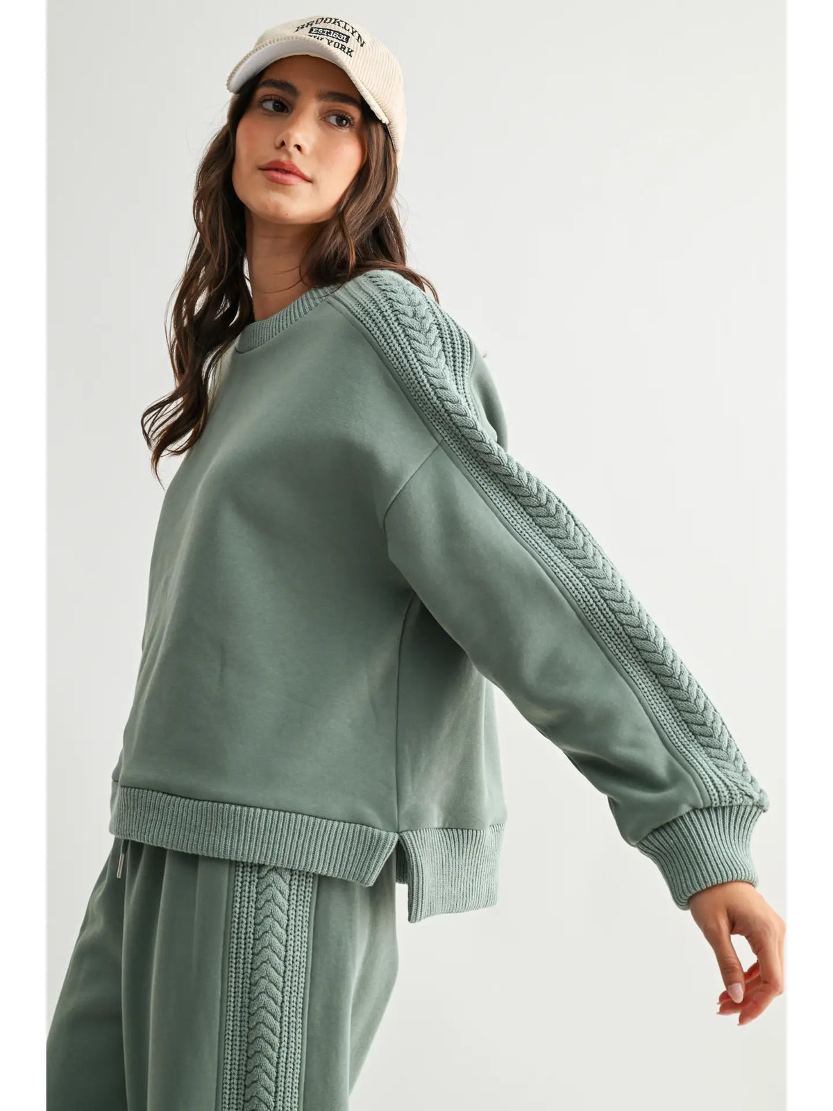 Cable Knit Crewneck Sweatshirt - Sage