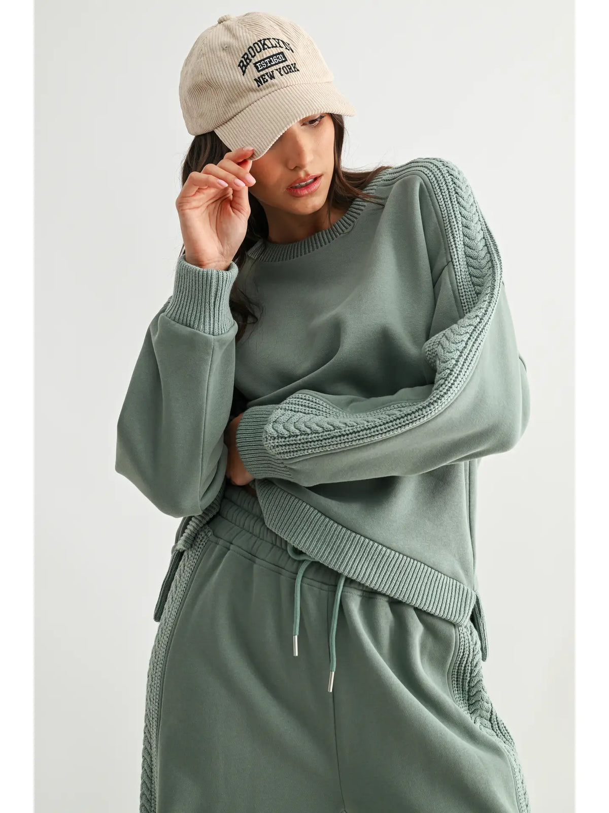 Cable Knit Crewneck Sweatshirt - Sage