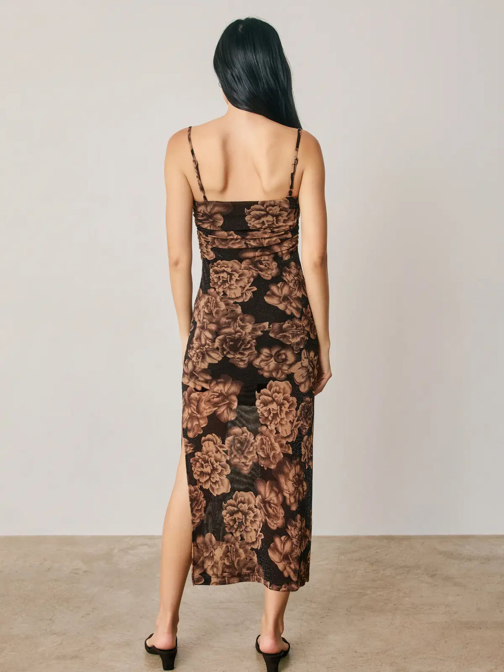 Metallic Floral Rouched Midi Dress