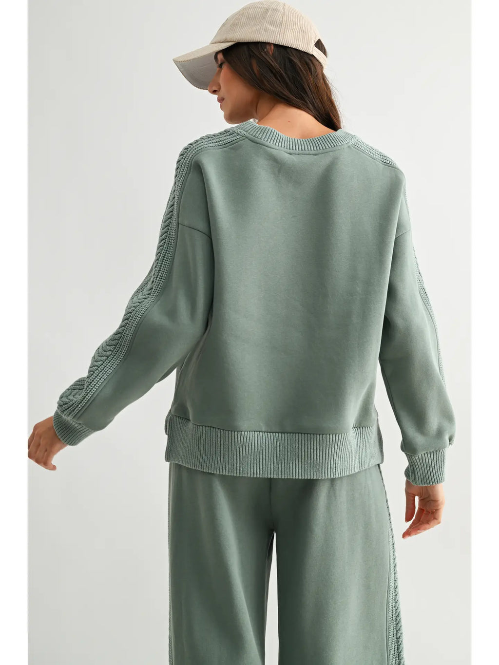 Cable Knit Crewneck Sweatshirt - Sage