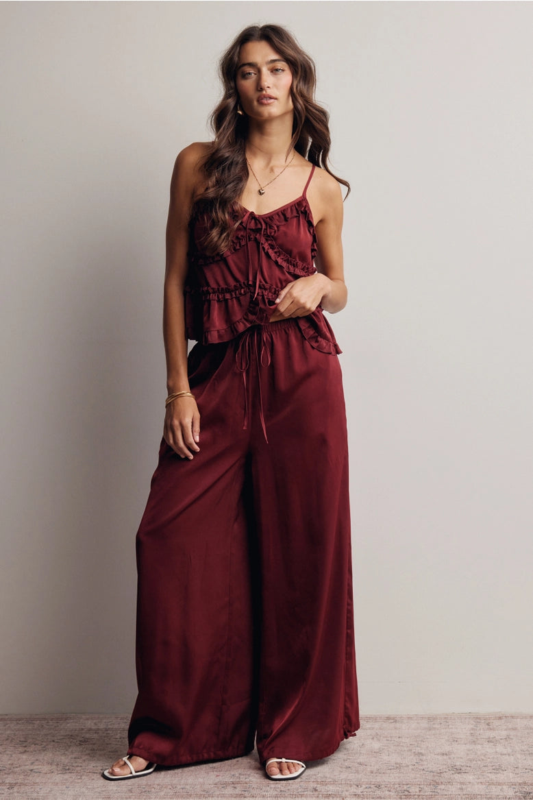 Wine Satin Wide Leg Pant